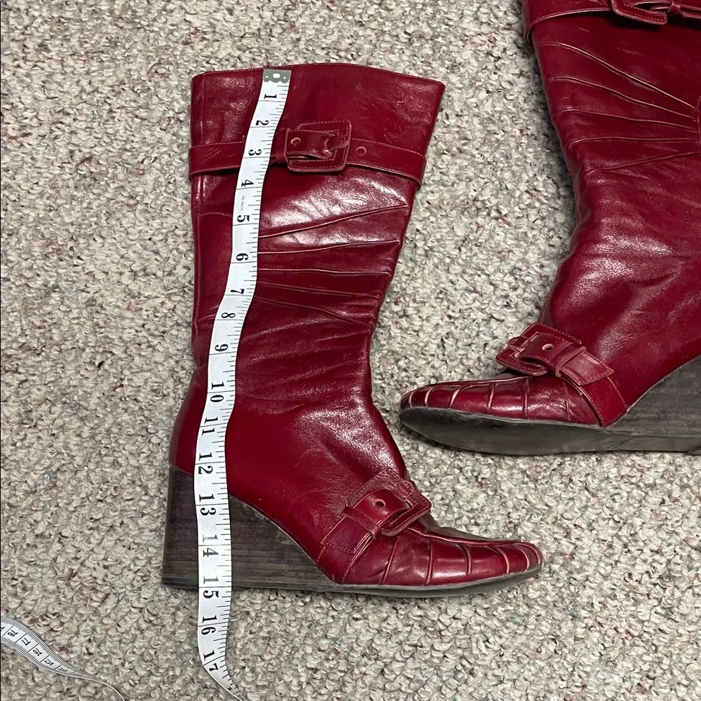 Miz mooz broadway red leather wedge heel boots with buckle strap accent - Picture 2 of 10
